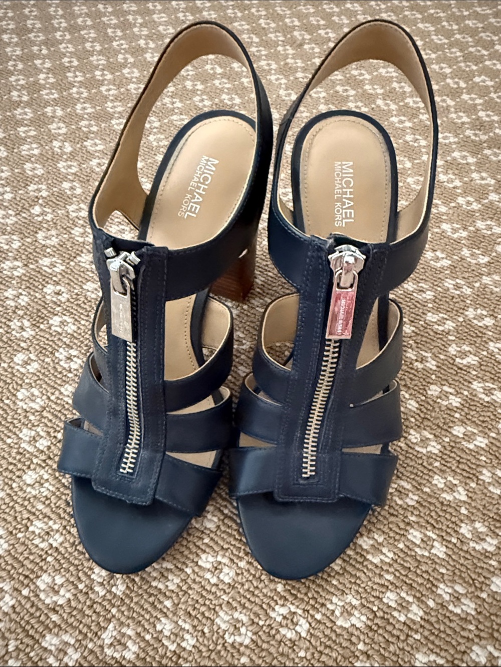 Michael Kors Navy Leather Front-Zip Multi-Strap Slingback Heels